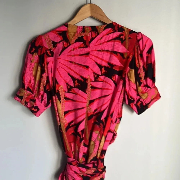 NEW J Crew Luxurious Red Gold Burgundy Palm Faux Wrap Midi Dress - Picture 10 of 13